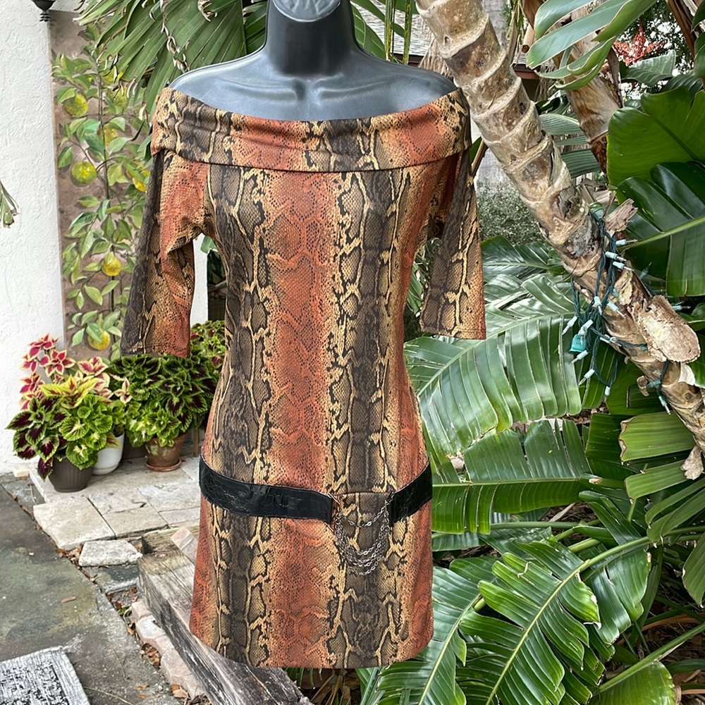 off shoulder animal print drop waist dress